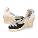 Cotton canvas wedge sandals espadrille shoes GOYESCA style with GOLDEN crossed ties.