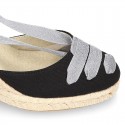 Cotton canvas wedge sandals espadrille shoes GOYESCA style with GOLDEN crossed ties.