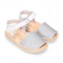 Shiny soft leather kids menorquina sandals with hook and loop strap.