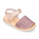 Shiny soft leather kids menorquina sandals with hook and loop strap.