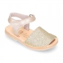 Shiny soft leather kids menorquina sandals with hook and loop strap.