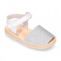 Shiny soft leather kids menorquina sandals with hook and loop strap.