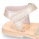 Shiny soft leather kids menorquina sandals with hook and loop strap.