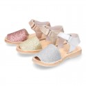 Shiny soft leather kids menorquina sandals with hook and loop strap.