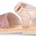 Shiny soft leather kids menorquina sandals with hook and loop strap.