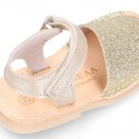 Shiny soft leather kids menorquina sandals with hook and loop strap.