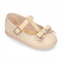 METAL canvas little Girl T-Strap Mary Jane shoes with BOW design.