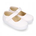 SHINY Cotton Canvas Little Girl Mary Jane shoes with hook and loop strap.