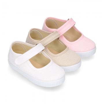 SHINY Cotton Canvas Little Girl Mary Jane shoes with hook and loop strap.