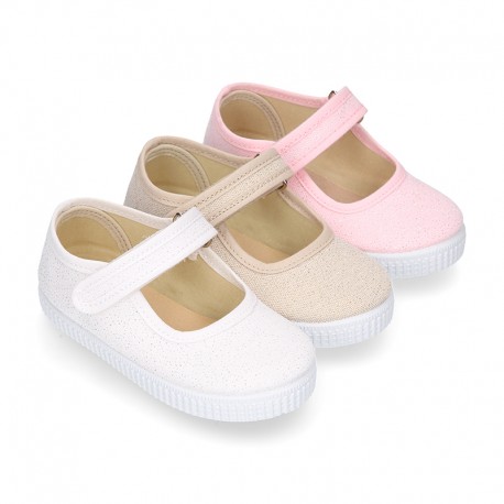 SHINY Cotton Canvas Little Girl Mary Jane shoes with hook and loop strap.