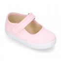 SHINY Cotton Canvas Little Girl Mary Jane shoes with hook and loop strap.