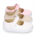 SHINY Cotton Canvas Little Girl Mary Jane shoes with hook and loop strap.