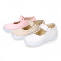 SHINY Cotton Canvas Little Girl Mary Jane shoes with hook and loop strap.