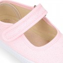SHINY Cotton Canvas Little Girl Mary Jane shoes with hook and loop strap.