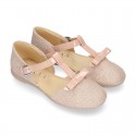 METAL LINEN Canvas Halter T-Strap Girl Mary Jane shoes with bow.