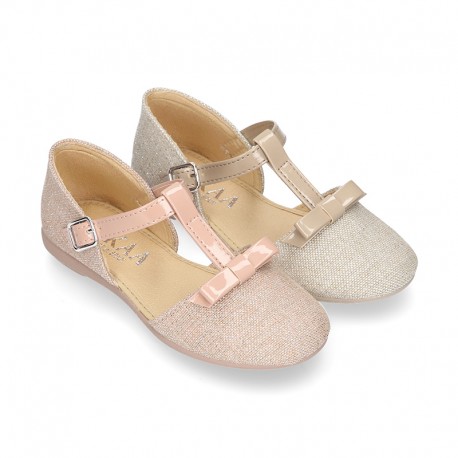 METAL LINEN Canvas Halter T-Strap Girl Mary Jane shoes with bow.