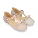 METAL LINEN Canvas Halter T-Strap Girl Mary Jane shoes with bow.