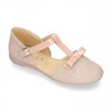 METAL LINEN Canvas Halter T-Strap Girl Mary Jane shoes with bow.