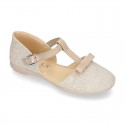 METAL LINEN Canvas Halter T-Strap Girl Mary Jane shoes with bow.