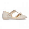 METAL LINEN Canvas Halter T-Strap Girl Mary Jane shoes with bow.