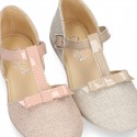 METAL LINEN Canvas Halter T-Strap Girl Mary Jane shoes with bow.