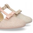 METAL LINEN Canvas Halter T-Strap Girl Mary Jane shoes with bow.