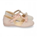 METAL LINEN Canvas Halter T-Strap Girl Mary Jane shoes with bow.