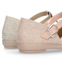 METAL LINEN Canvas Halter T-Strap Girl Mary Jane shoes with bow.