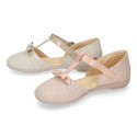 METAL LINEN Canvas Halter T-Strap Girl Mary Jane shoes with bow.