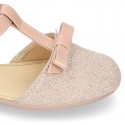 METAL LINEN Canvas Halter T-Strap Girl Mary Jane shoes with bow.