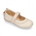METAL canvas little Girl Mary Jane shoes with RIBBON and perforated design.
