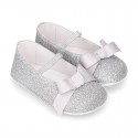 Baby girl little ballet flats with ribbon and elastic band in SHINY leather.