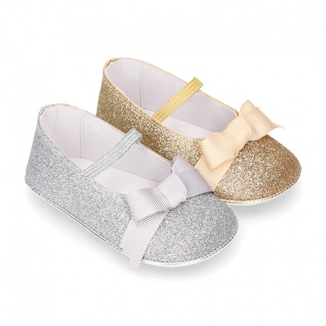 Baby girl little ballet flats with ribbon and elastic band in SHINY leather.