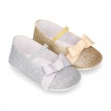 Baby girl little ballet flats with ribbon and elastic band in SHINY leather.