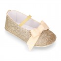 Baby girl little ballet flats with ribbon and elastic band in SHINY leather.