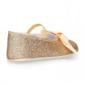 Baby girl little ballet flats with ribbon and elastic band in SHINY leather.