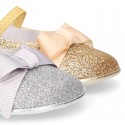 Baby girl little ballet flats with ribbon and elastic band in SHINY leather.