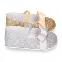 Baby girl little ballet flats with ribbon and elastic band in SHINY leather.