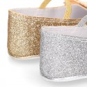 Baby girl little ballet flats with ribbon and elastic band in SHINY leather.