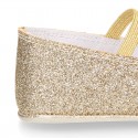 Baby girl little ballet flats with ribbon and elastic band in SHINY leather.