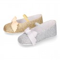 Baby girl little ballet flats with ribbon and elastic band in SHINY leather.