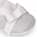 Baby girl little ballet flats with ribbon and elastic band in SHINY leather.