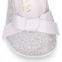 Baby girl little ballet flats with ribbon and elastic band in SHINY leather.