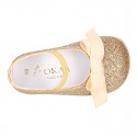 Baby girl little ballet flats with ribbon and elastic band in SHINY leather.