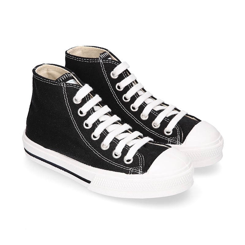 BLACK Cotton canvas High Sneaker shoes with shoelaces and
