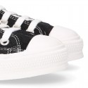 BLACK Cotton canvas High Sneaker shoes with shoelaces and with toe cap.