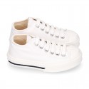 White Cotton canvas OKAA Sneaker shoes with shoelaces and toe cap.