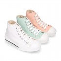 Cotton canvas High Sneaker shoes with shoelaces and with toe cap in pastel colors.