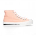 Cotton canvas High Sneaker shoes with shoelaces and with toe cap in pastel colors.