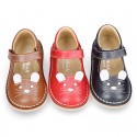 Little MOUSE soft leather Mary Janes with hook and loop strap.